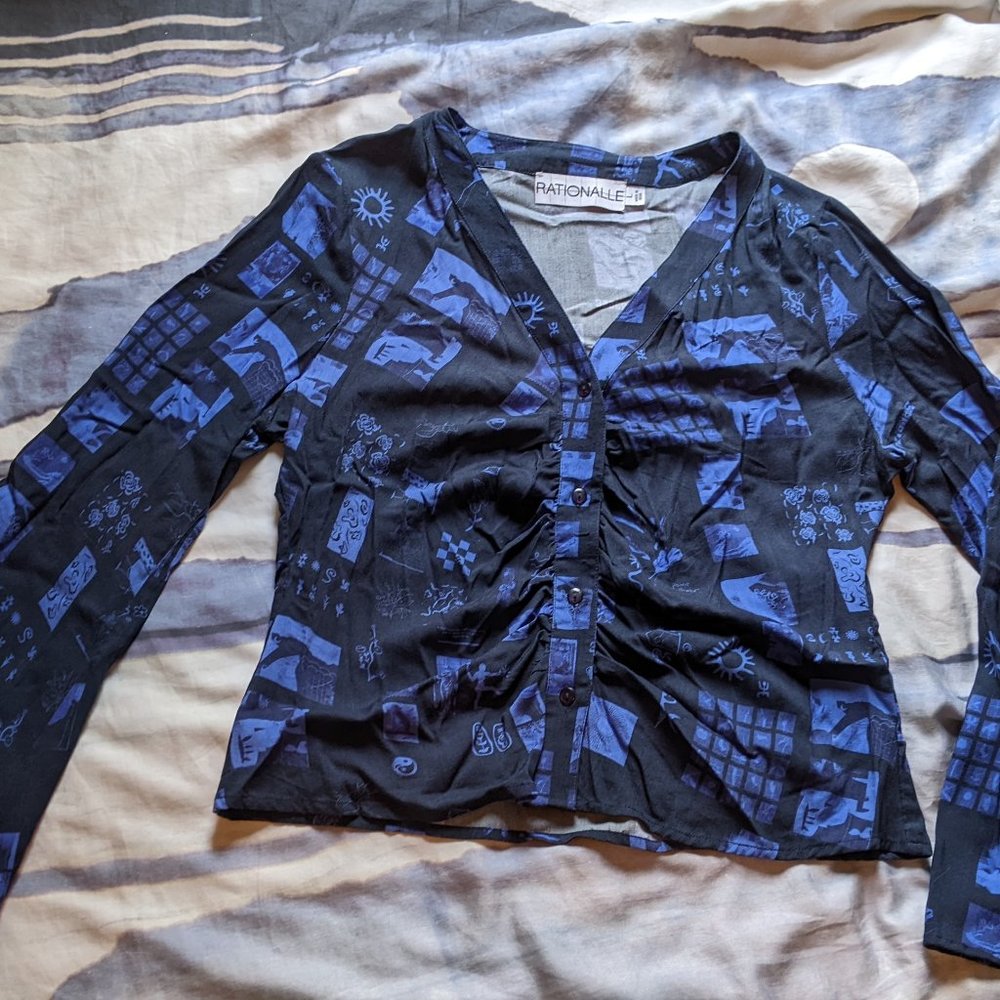 Rationalle Blue Print Button Down Top Sz Large View 2